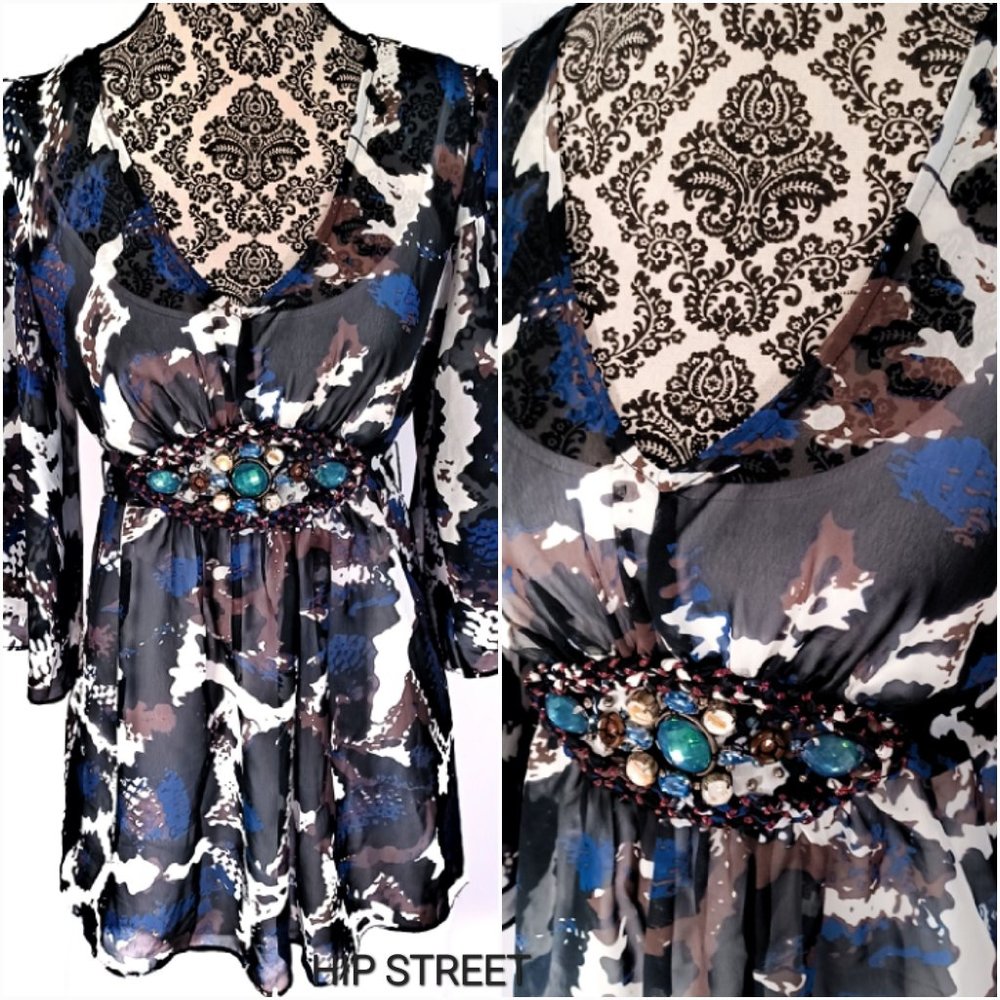 ECI Jeweled Waist Angel Sleeve V Neck Chiffon Tunic Blouse 6